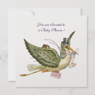 STORK BABY SHOWER ,white ice metallic Invitation