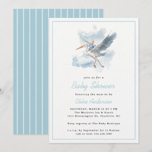 Stork Blue Baby Boy Watercolor Baby Shower Invitation