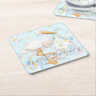 Stork Blue Boy Baby Shower Design Paper Coasters