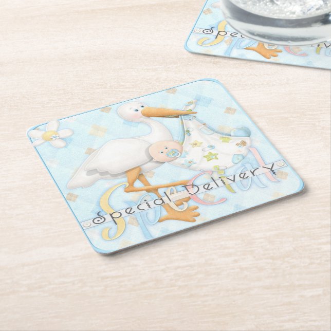 Stork Blue Boy Baby Shower Design Paper Coasters (Angled)