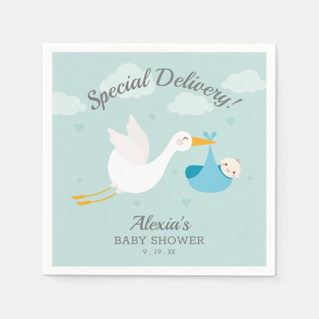 Stork Blue Bundle Boy Baby Shower Napkin (Front)