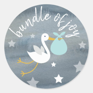 Stork Blue Bundle Stars Watercolor Baby Shower Classic Round Sticker
