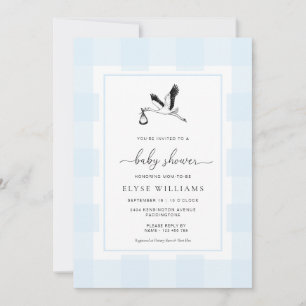 Stork Blue Gingham Baby Shower Invitation