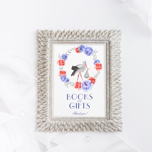 Stork Blue Red Floral Baby Shower Table Sign Invit Invitation (Creator Uploaded)