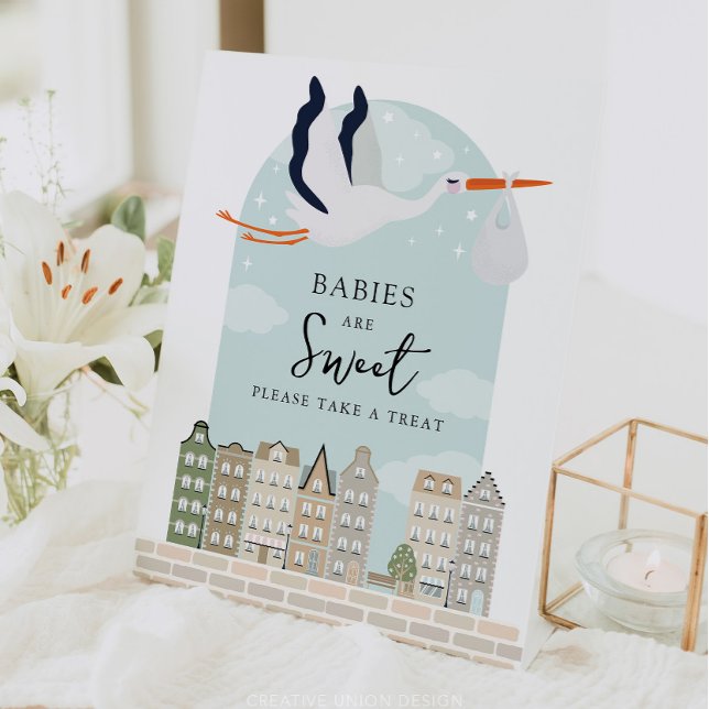 Stork Boho Baby Shower Babies Are Sweet Favours Pedestal Sign (Boho Baby Shower Stork)