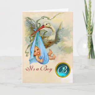 STORK BOY BABY SHOWER BLUE GEM MONOGRAM ANNOUNCEMENT
