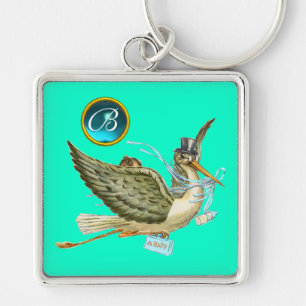 STORK BOY BABY SHOWER BLUE GEM MONOGRAM Teal Green Key Ring