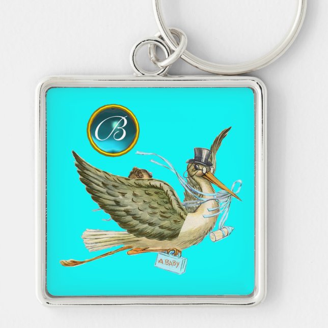 STORK BOY BABY SHOWER BLUE GEM MONOGRAM Turquoise Key Ring (Front)