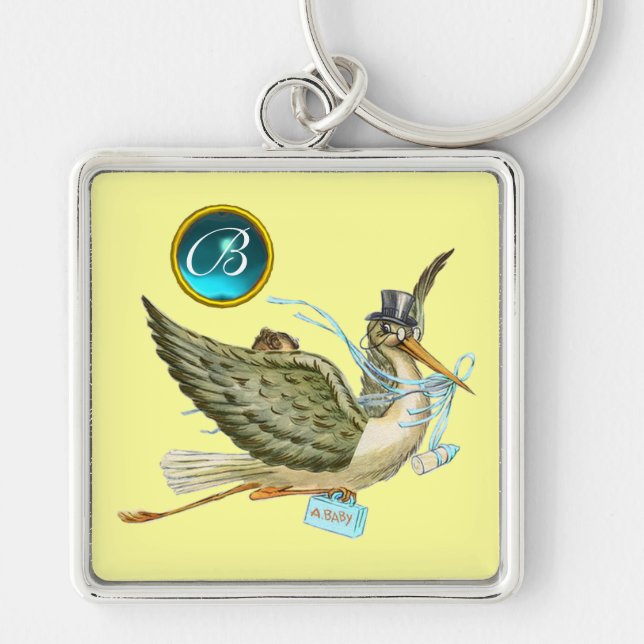 STORK BOY BABY SHOWER BLUE GEM MONOGRAM Yellow Key Ring (Front)