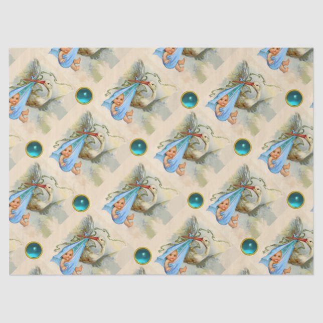 STORK BOY BABY SHOWER BLUE GEMSTONES TISSUE PAPER (Front)