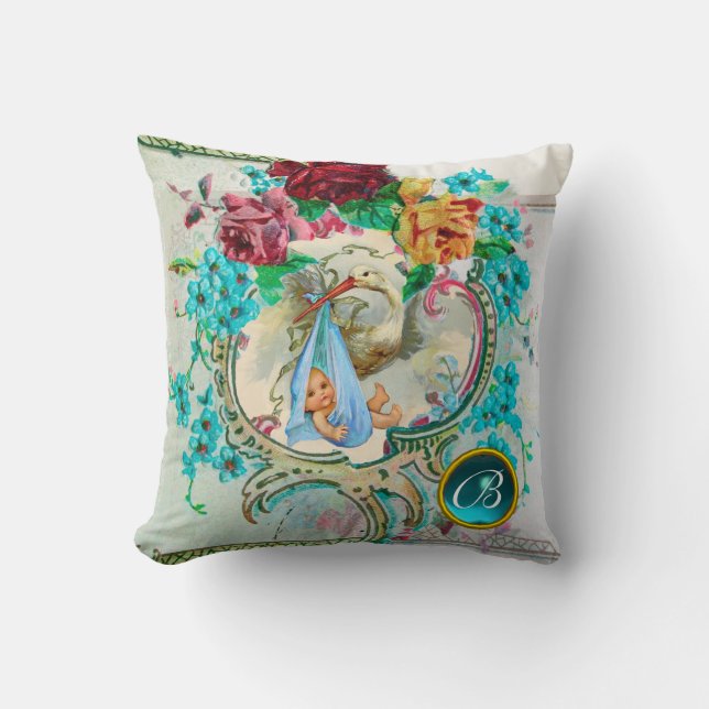 STORK BOY BABY SHOWER Floral Monogram Keepsake Cushion (Front)