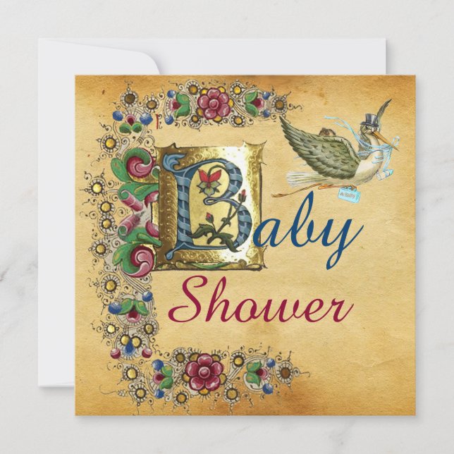 STORK BOY BABY SHOWER FLORAL PARCHMENT MONOGRAM INVITATION (Front)