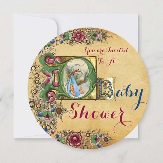 STORK BOY BABY SHOWER FLORAL PARCHMENT MONOGRAM INVITATION (Front)
