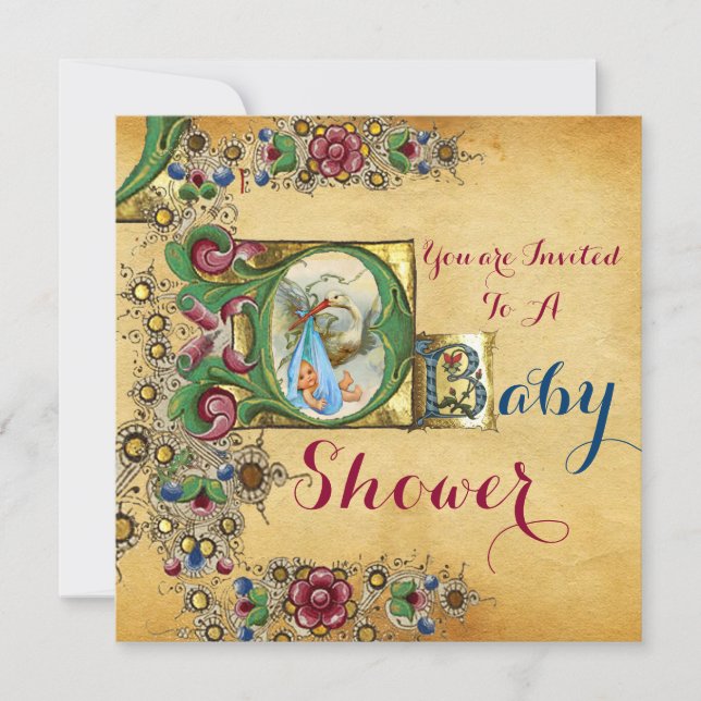 STORK BOY BABY SHOWER FLORAL PARCHMENT MONOGRAM INVITATION (Front)