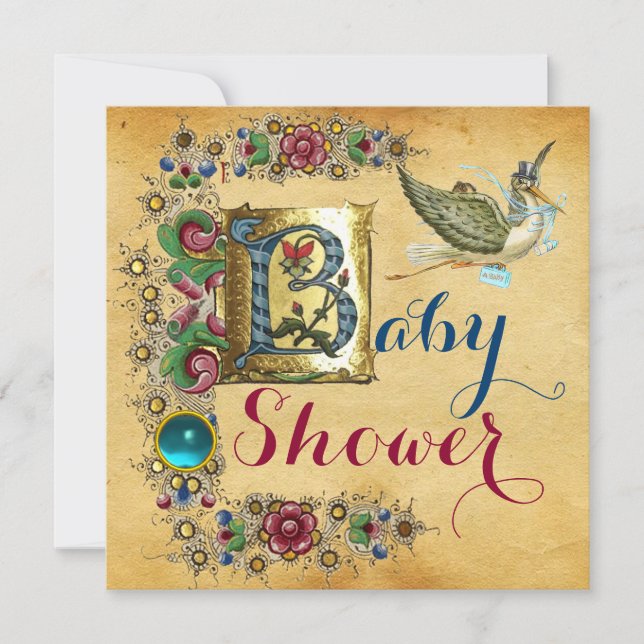 STORK BOY BABY SHOWER FLORAL PARCHMENT MONOGRAM INVITATION (Front)