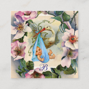 STORK BOY BABY SHOWER ,PINK WILD ROSES MONOGRAM ENCLOSURE CARD