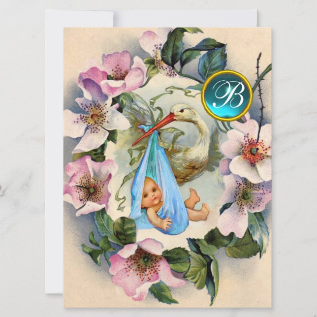 STORK BOY BABY SHOWER ,PINK WILD ROSES MONOGRAM INVITATION (Front)