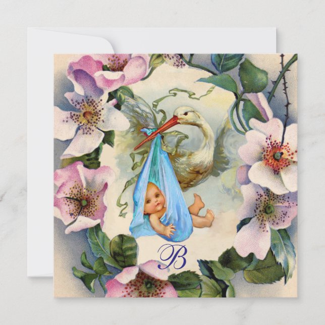STORK BOY BABY SHOWER ,PINK WILD ROSES MONOGRAM INVITATION (Front)