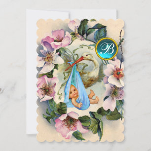 STORK BOY BABY SHOWER ,PINK WILD ROSES MONOGRAM INVITATION