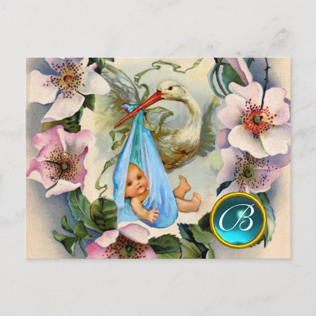 STORK BOY BABY SHOWER ,PINK WILD ROSES MONOGRAM INVITATION POSTCARD (Front)