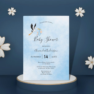 Stork boy blue cute baby shower invitation