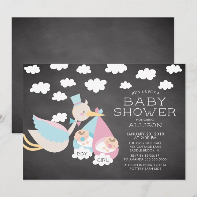 Stork & Boy Girl Twins Baby Shower Invitation (Front/Back)