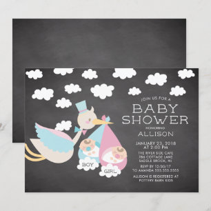 Stork & Boy Girl Twins Baby Shower Invitation
