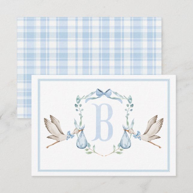 Stork Boy Preppy Southern Blue Baby Shower Thank You Card (Front/Back)