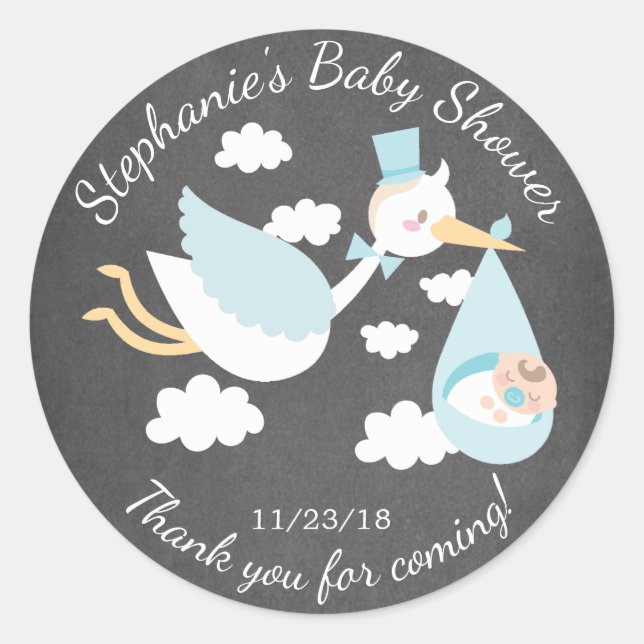 Stork Boys Baby Shower Favour Sticker (Front)