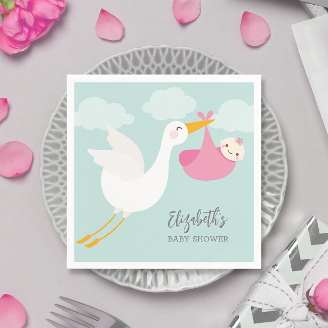 Stork Bundle Girl Baby Shower Napkin (Pink stork bundle girl baby shower personalized cocktail napkins)