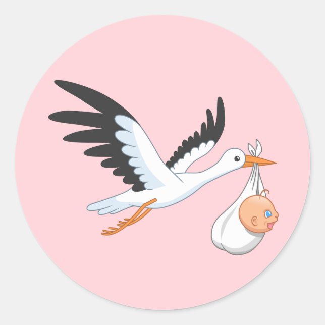Stork Carrying a Baby Bundle Pink Classic Round Sticker (Front)