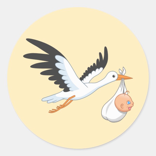 Stork Carrying a Baby Bundle Yellow Classic Round Sticker (Front)
