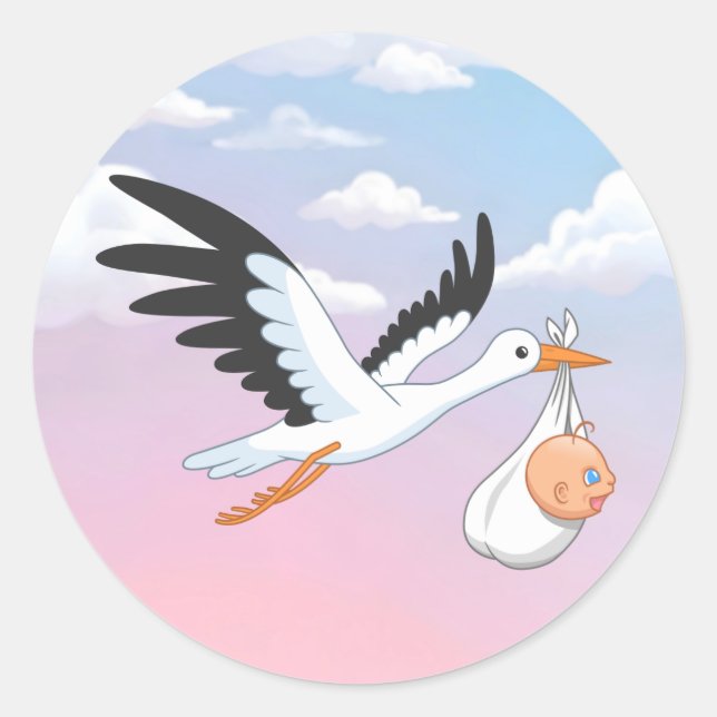 Stork Carrying a Baby Sky Clouds Classic Round Sticker (Front)