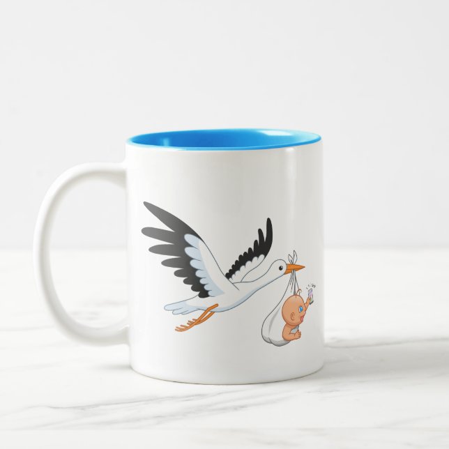 Stork Carrying a Baby Taking First Selfie Blue Two Two-Tone Coffee Mug (Left)