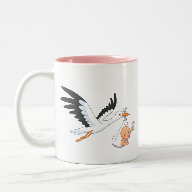 Stork Carrying a Baby Taking First Selfie Pink Two Two-Tone Coffee Mug (Left)