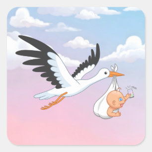 Stork Carrying a Baby Taking First Selfie Sky Square Sticker