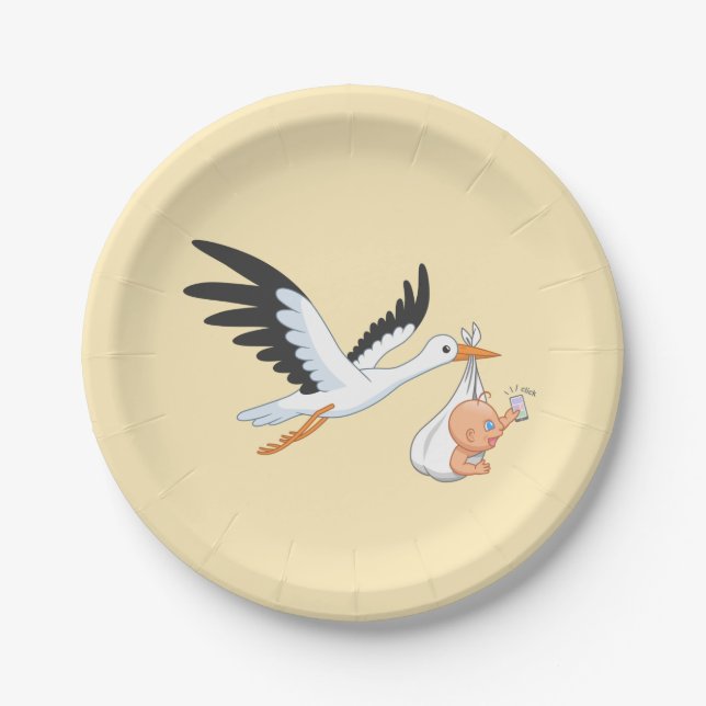 Stork Carrying a Baby Taking First Selfie Yellow Paper Plate (Front)