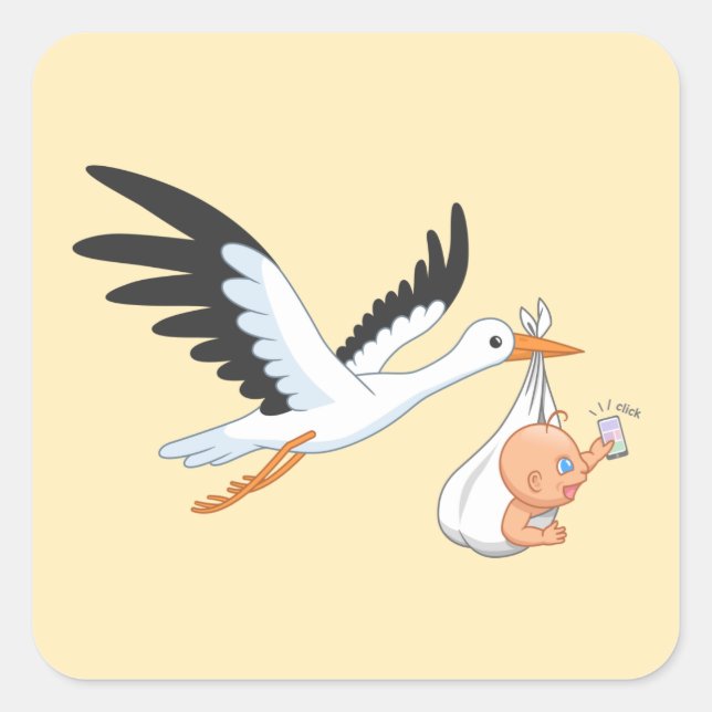 Stork Carrying a Baby Taking First Selfie Yellow Square Sticker (Front)
