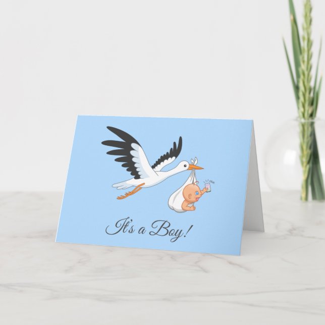 Stork Carrying Baby Boy Card (Front)