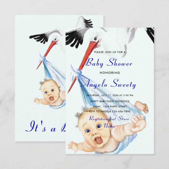Stork Carrying Baby Boy Shower Invitation - Fun (Front/Back)