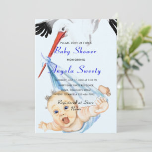 Stork Carrying Baby Boy Shower Invitation Funny
