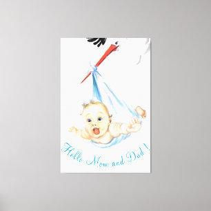 Stork Carrying Baby - Cartoon Drawing - Customise  Canvas Print