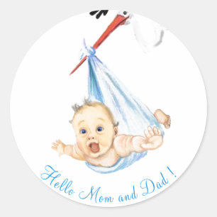Stork Carrying Baby - Cartoon Drawing Sweet Funny  Classic Round Sticker