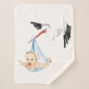 Stork Carrying Baby - Cartoon Drawing Sweet Funny  Sherpa Blanket