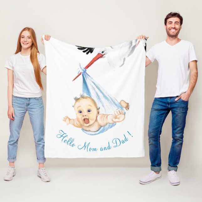 Stork Carrying Baby Fleece Blanket Fun Cartoon (In Situ)
