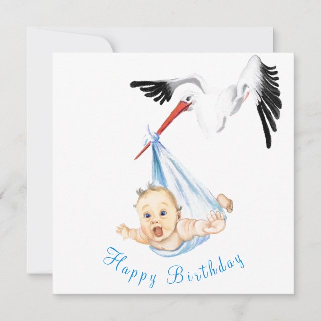 Stork Carrying Baby Funny Birthday Card (Front)