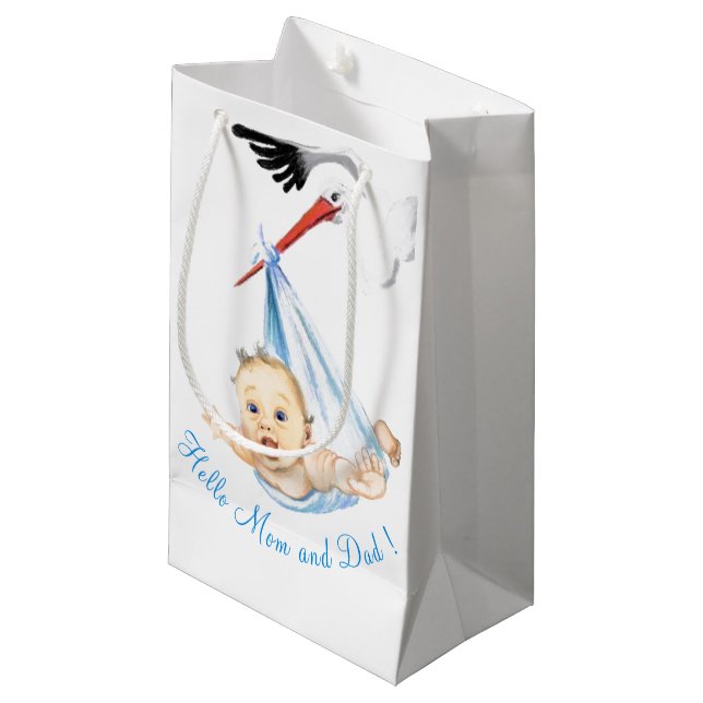 Stork Carrying Baby Funny Gift Bag - Custom Text (Front Angled)