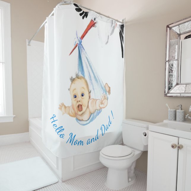 Stork Carrying Baby Funny Shower Curtain Your Text (In Situ)