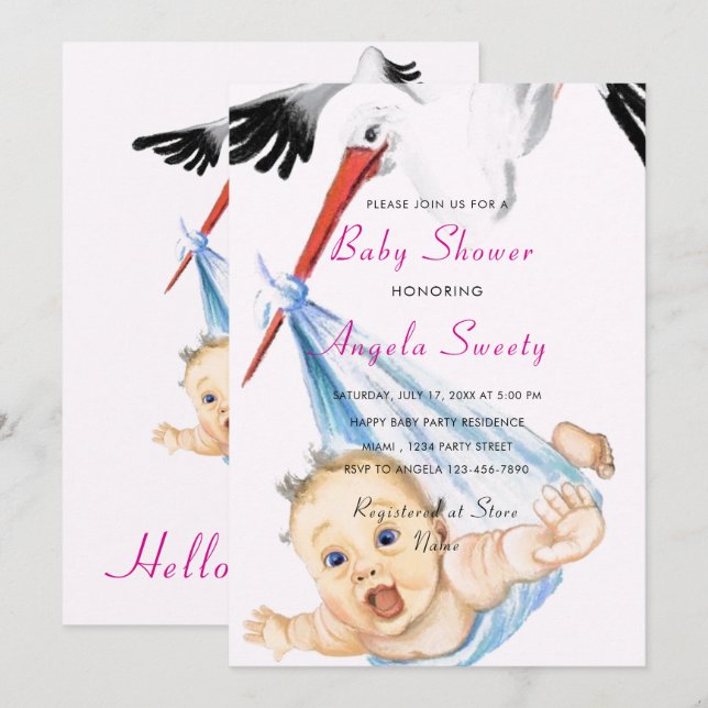 Stork Carrying Baby Funny Shower Invitation (Front/Back)