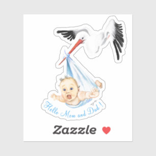 Stork Carrying Baby Funny Sticker Cartoon Painting